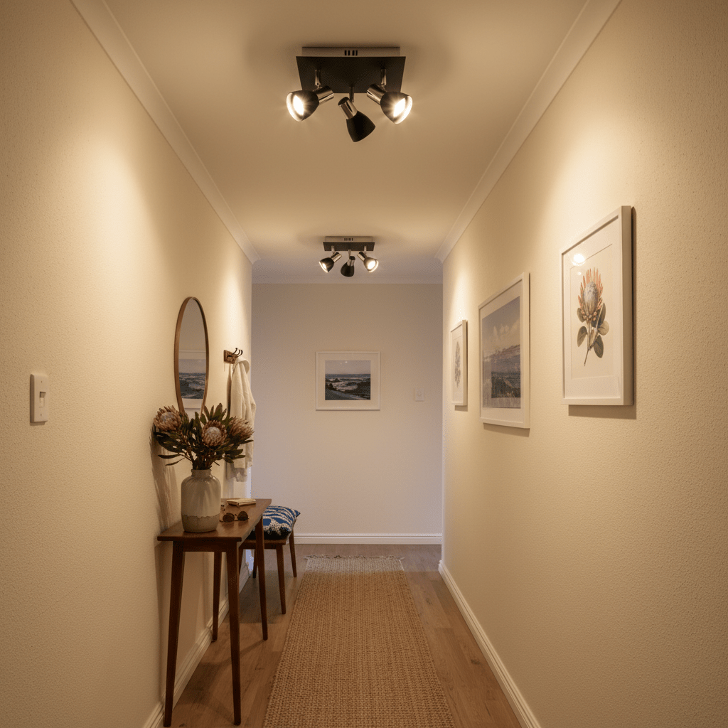 Create a realistic 800x800 lifestyle image for Ceiling spotlights with adjustable heads in a South African open plan living and dining room, showing multiple white ceiling spotlights casting warm focused light onto a dining table and artwork, natural colours, realistic shadows, premium but lived-in style, no text, no logos.