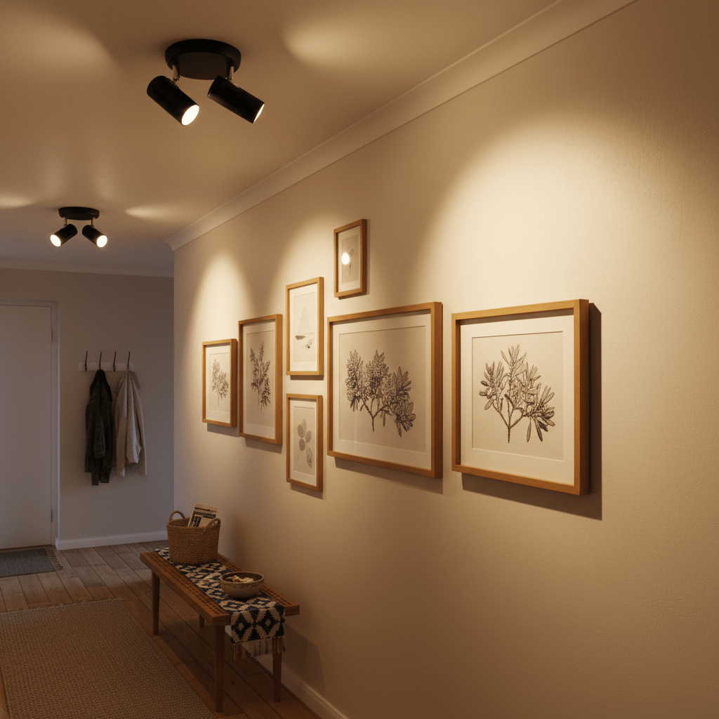 Two adjustable black ceiling spotlights illuminating framed artwork on a wall in a cozy hallway.
