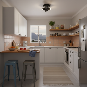 Modern kitchen featuring a 3 light matt black ceiling spotlight illuminating the countertop and workspace.