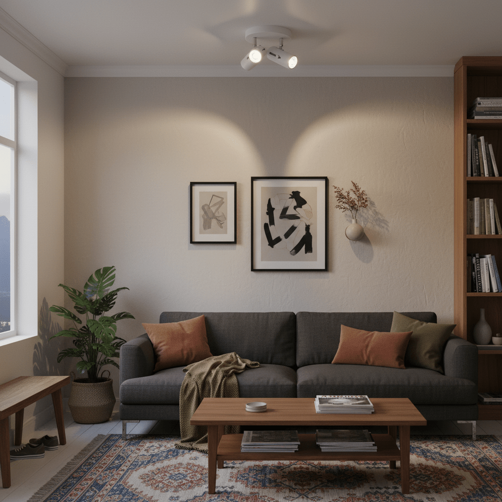 A modern living room featuring a matt white 3-light ceiling spotlight illuminating artwork and a cozy sofa.