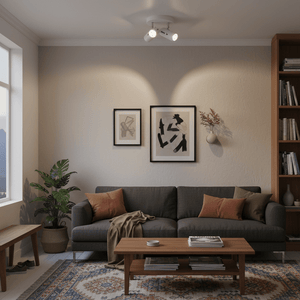 A modern living room featuring a matt white 3-light ceiling spotlight illuminating artwork and a cozy sofa.