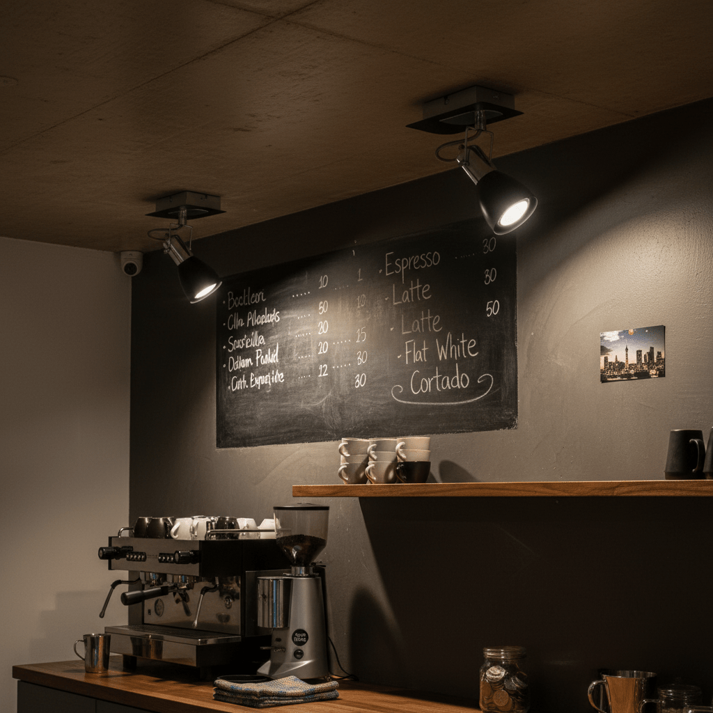 Polished chrome and black spotlight illuminating a chalkboard menu in a coffee shop.