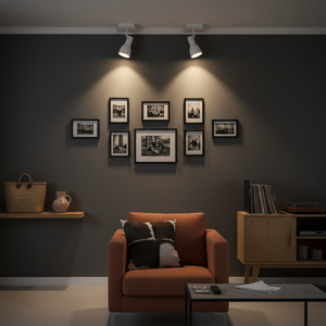 Modern matt white spotlight illuminating a gallery wall of framed black and white photos in a cozy living room.