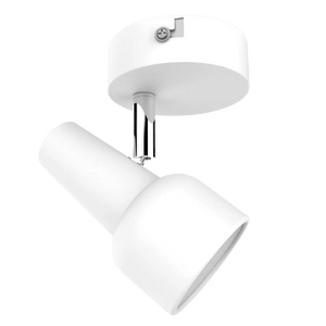 White ceiling spotlight with a cylindrical shade and a round mounting base, featuring a glossy finish.