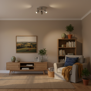 Living room with a satin chrome 3-head spotlight on the ceiling, illuminating a cozy reading corner.
