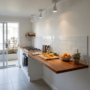 Modern kitchen featuring a wooden countertop with fresh produce, illuminated by sleek white ceiling spotlights.
