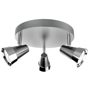 Chrome ceiling light fixture with three adjustable lights