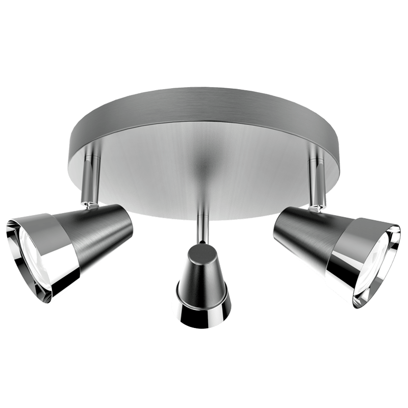 Chrome ceiling light fixture with three adjustable lights