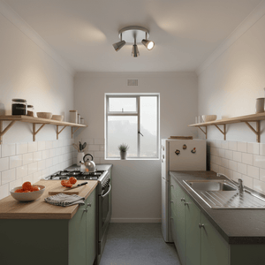 Satin chrome spotlight with three adjustable heads illuminating a modern kitchen.