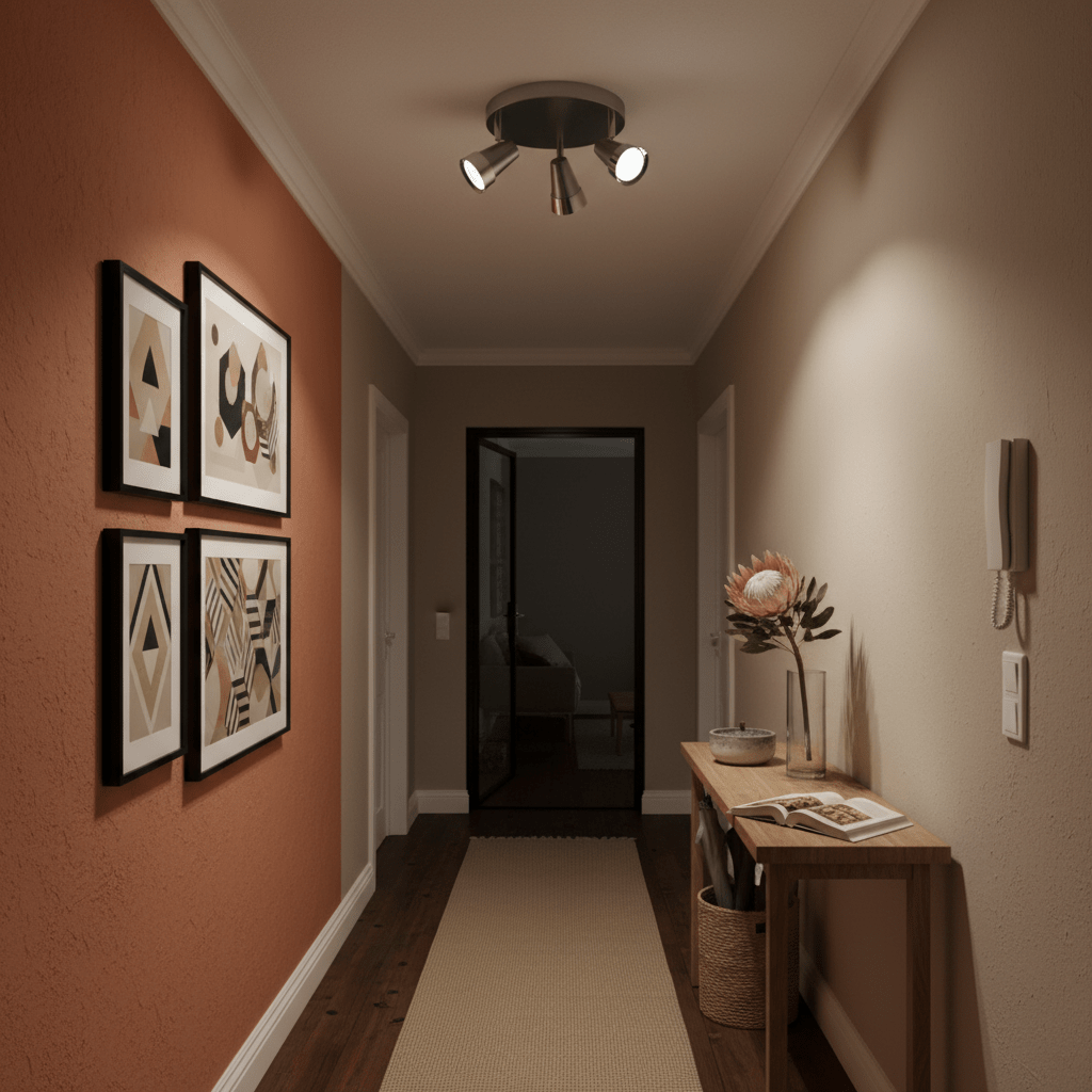 Hallway with a ceiling-mounted satin chrome spotlight illuminating artwork and decor.