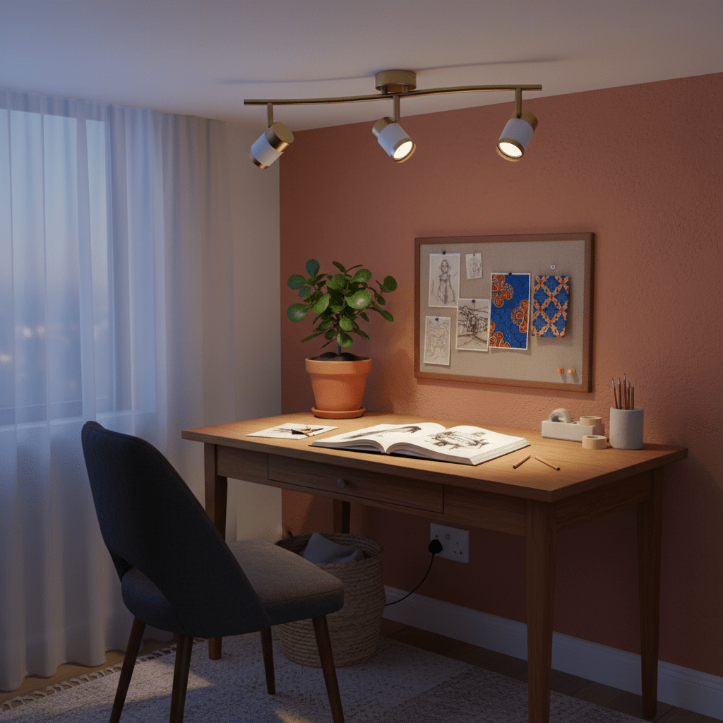 Bazley Brass and White 3 Light Ceiling Spotlight with adjustable heads in a stylish South African dining room, brass and white finish, mounted above dining table, heads angled to table and artwork, warm natural colours, realistic shadows, no text, no logos.