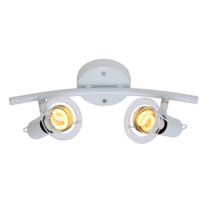 White two-light indoor spotlight with adjustable heads mounted on a round ceiling canopy.