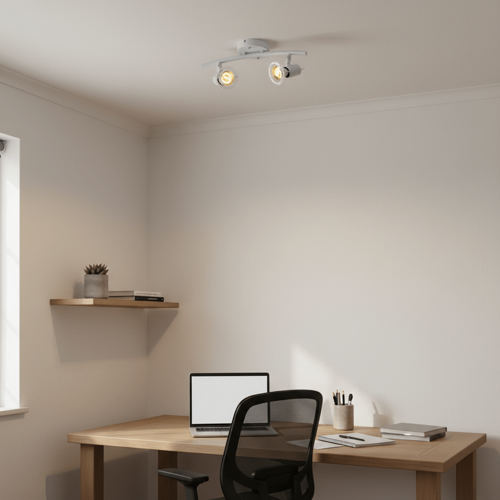 White two-light indoor spotlight mounted on ceiling above a wooden desk with a laptop and stationery.