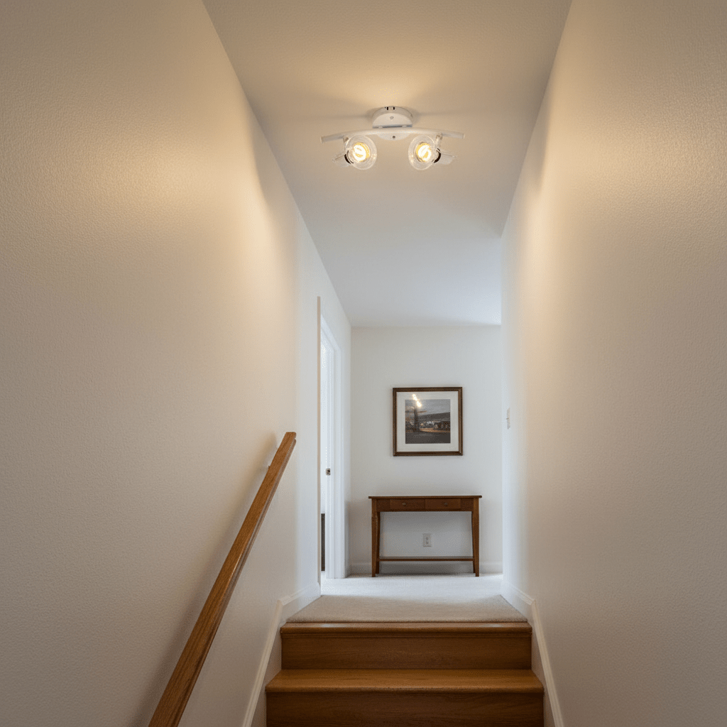 White two-light indoor spotlight mounted in a hallway, illuminating the space with adjustable heads.