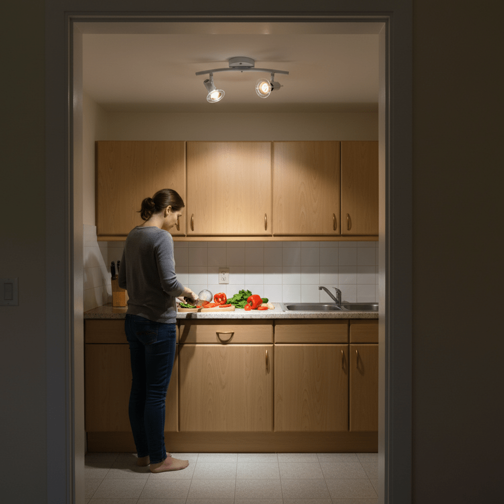 A woman prepares vegetables under a white two-light indoor spotlight in a kitchen setting.