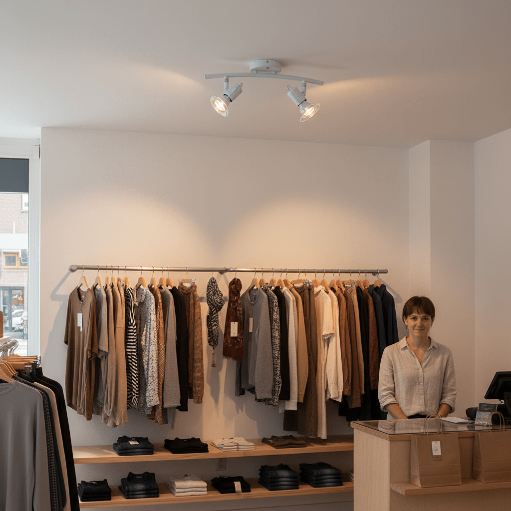 White two-light indoor spotlight illuminating a retail space with clothing displays and a cashier.