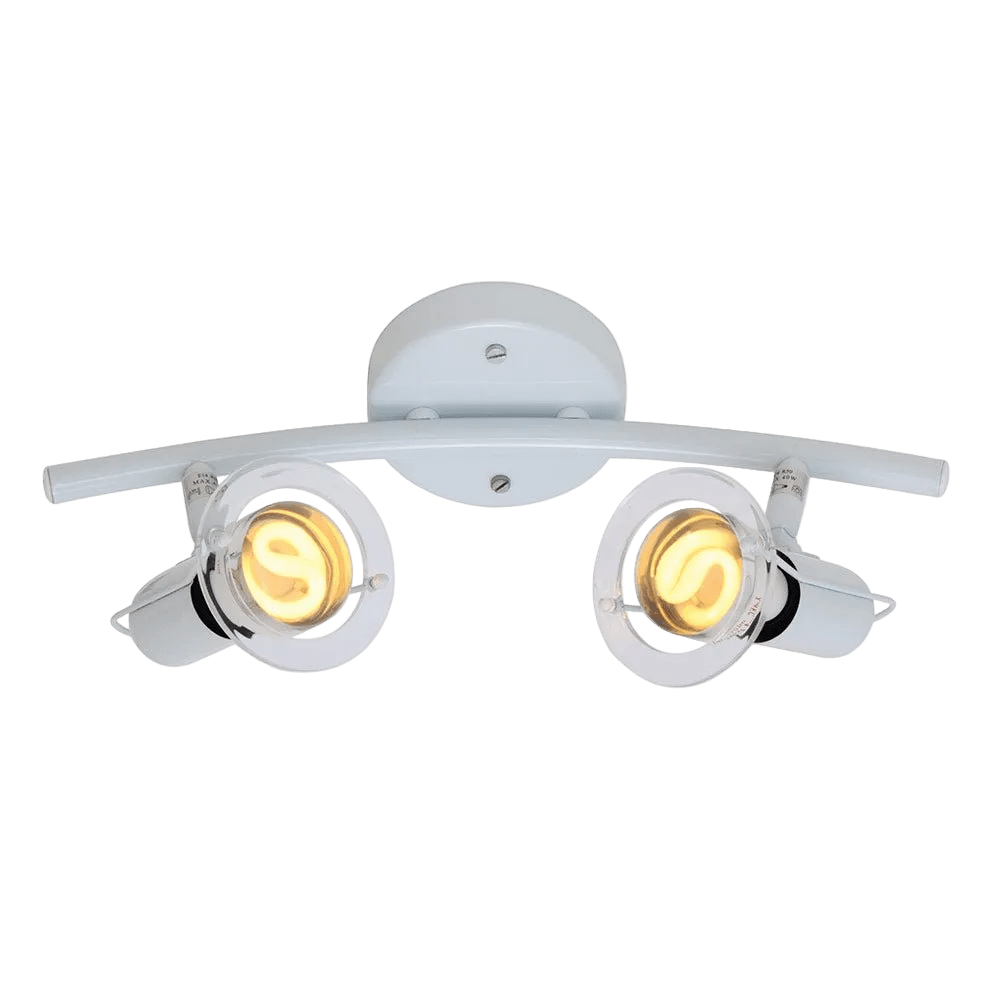White two-light indoor spotlight with a circular base and adjustable cylindrical shades, featuring warm yellow bulbs.