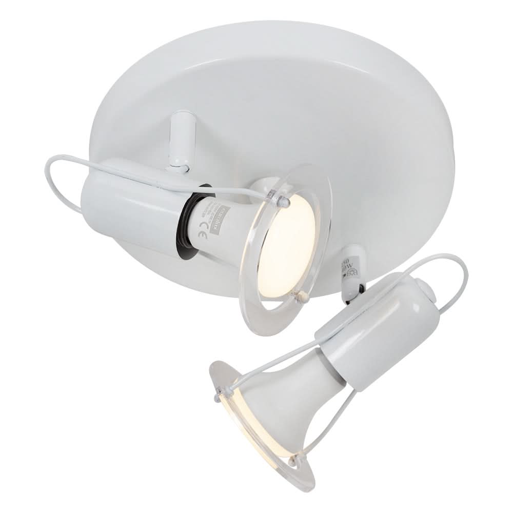 White Spotlight Mini 2 Light featuring two adjustable heads on a round base, showcasing a sleek design.