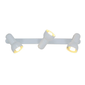 White ceiling light fixture with three cylindrical lights on a white background