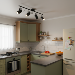4-light black metal and polished chrome spotlight installed in a modern kitchen, illuminating work areas.