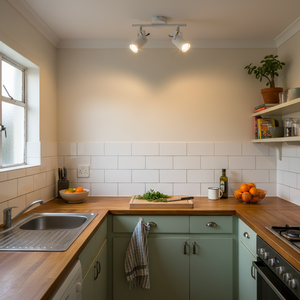 Modern kitchen featuring a 2-light white ceiling spotlight illuminating a wooden countertop with fresh ingredients.