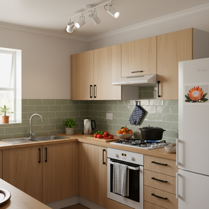 Four adjustable white ceiling spotlights illuminating a modern kitchen with wooden cabinets and green tiles.