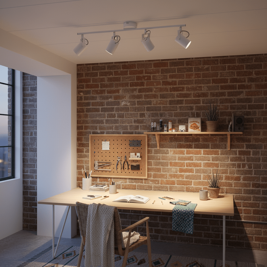 Create a realistic 800x800 supporting lifestyle image related to Ceiling spotlights with adjustable heads, showing a South African kitchen with white ceiling spotlights aimed at countertops and a breakfast bar, realistic materials, warm focused lighting behaviour, natural colours, no text, no logos, no branding.