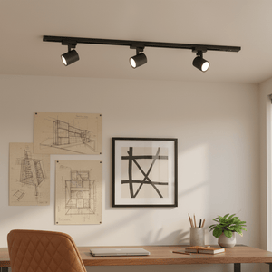 Three adjustable black track lights mounted on a wall, illuminating art sketches and a framed print.
