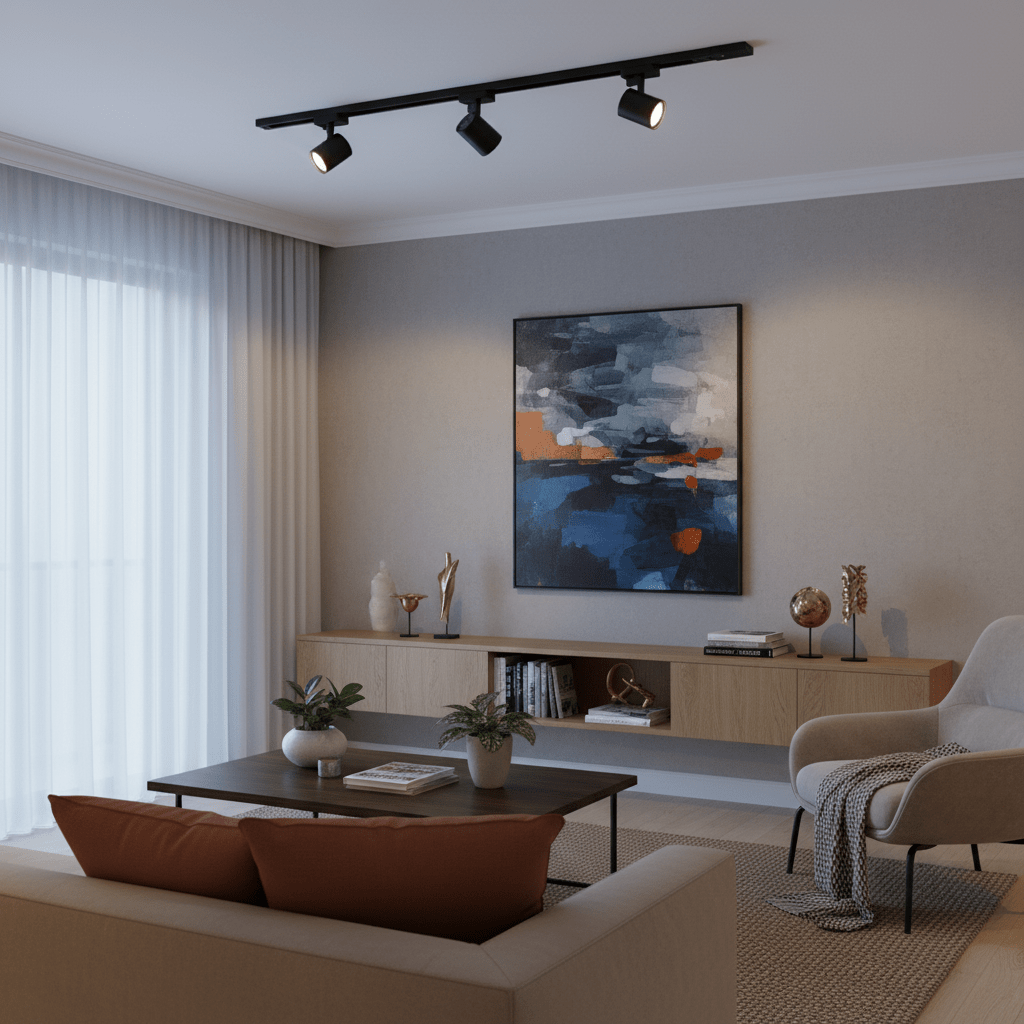 Three adjustable black track lights illuminating a modern living room with artwork and decor.