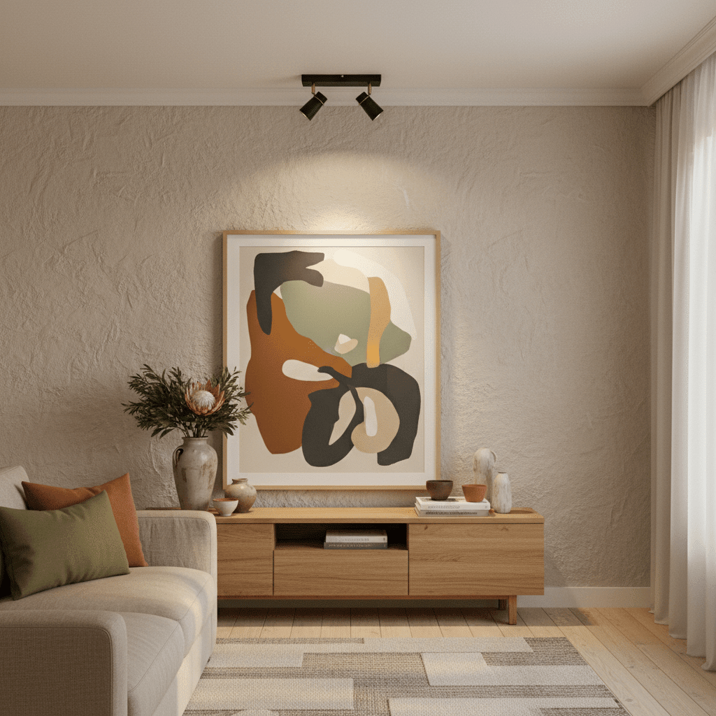 Black and gold spotlight illuminating an abstract artwork in a stylish living room setting.