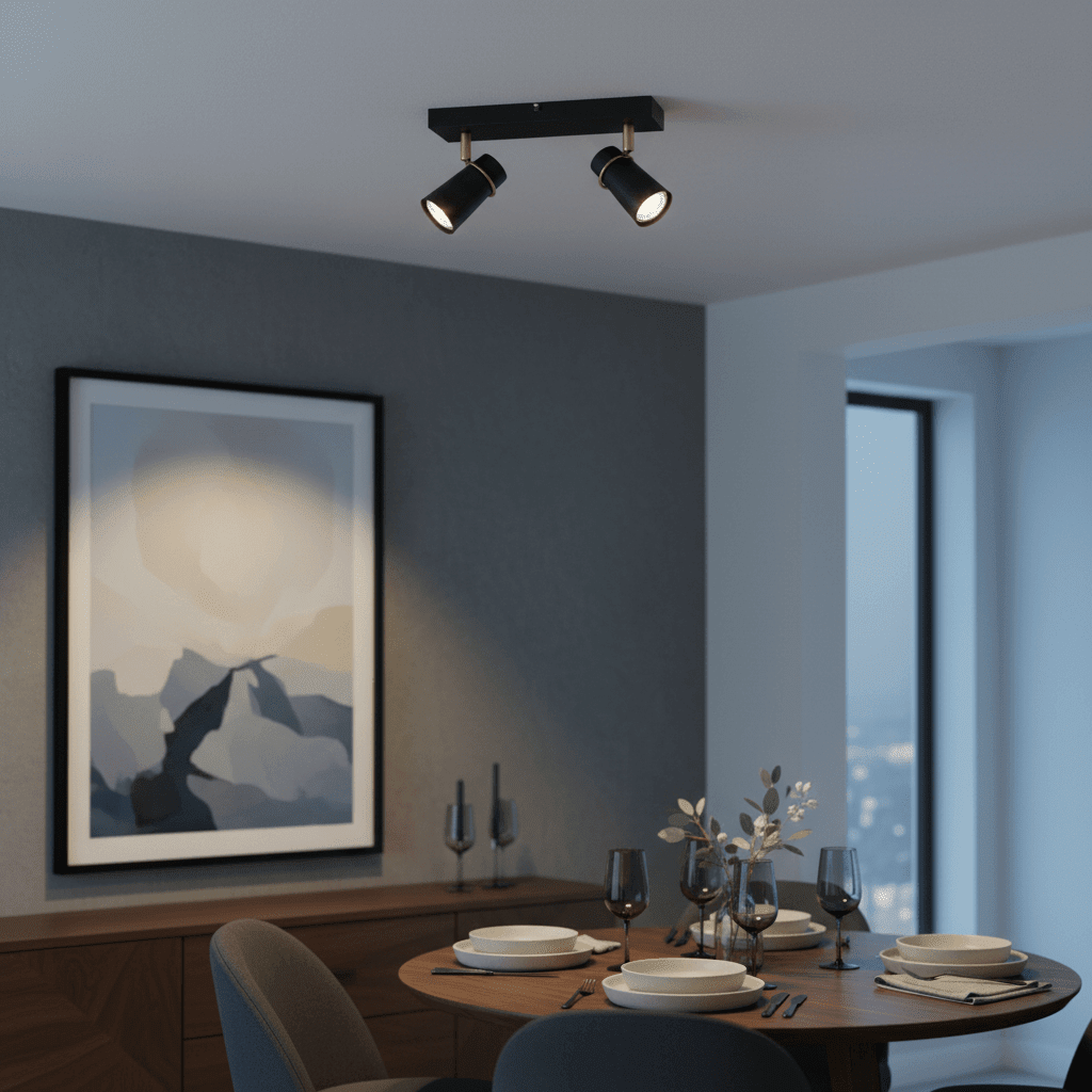 Black and gold spotlight illuminating a dining table with elegant tableware and artwork in the background.
