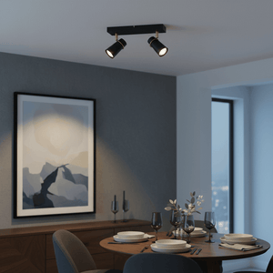 Black and gold spotlight illuminating a dining table with elegant tableware and artwork in the background.