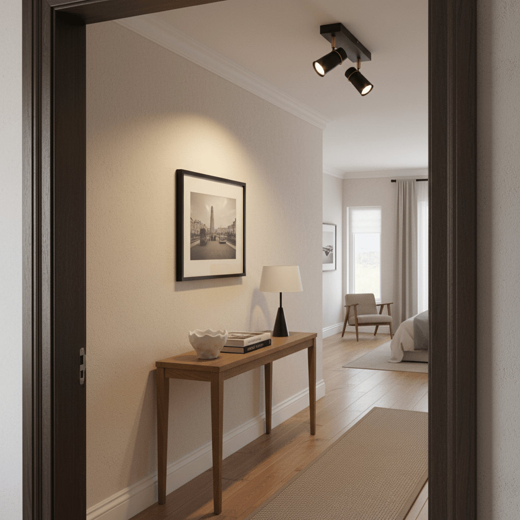 Black and gold spotlight illuminating a hallway with a wooden console table and framed artwork.
