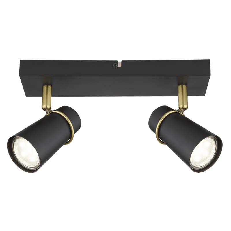 Black and gold spotlight with two adjustable heads for indoor accent lighting.