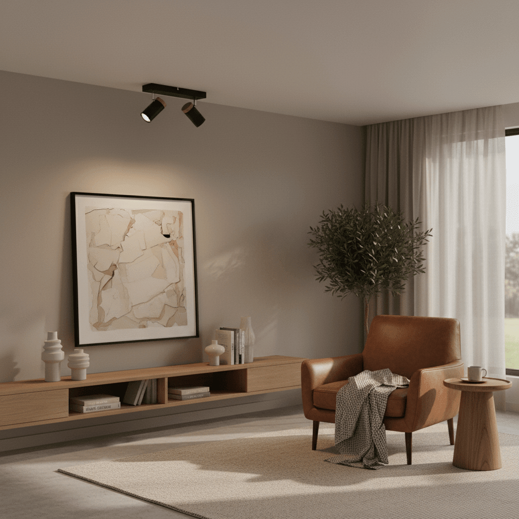 Adjustable spotlight mounted on the ceiling, illuminating artwork above a modern brown armchair in a stylish living room.