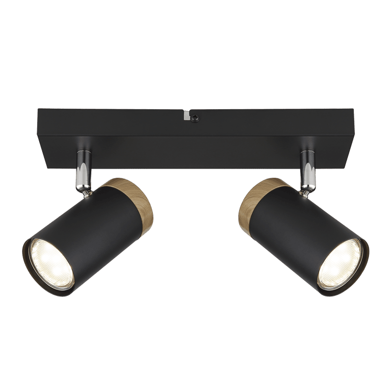 Adjustable black and wood finish ceiling spotlight with two light heads for accent lighting.