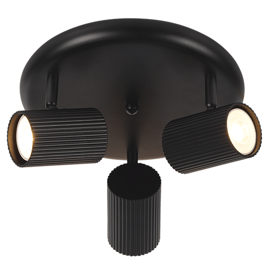 3 Light Ribbed Matt Black Ceiling Spotlight