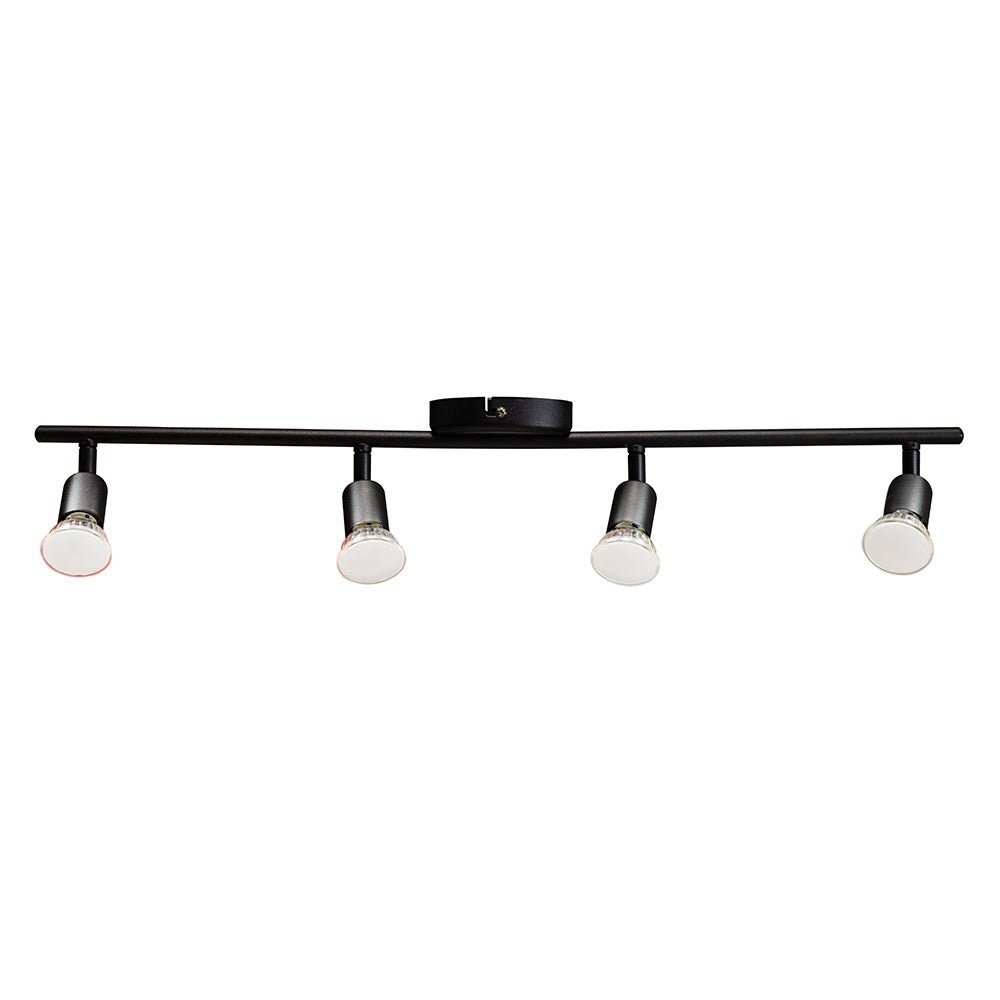 Black Buzz 4 Light Spotlight with adjustable GU10 lamp heads on a sleek bar fitting.