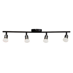 Black Buzz 4 Light Spotlight with adjustable GU10 lamp heads on a sleek bar fitting.