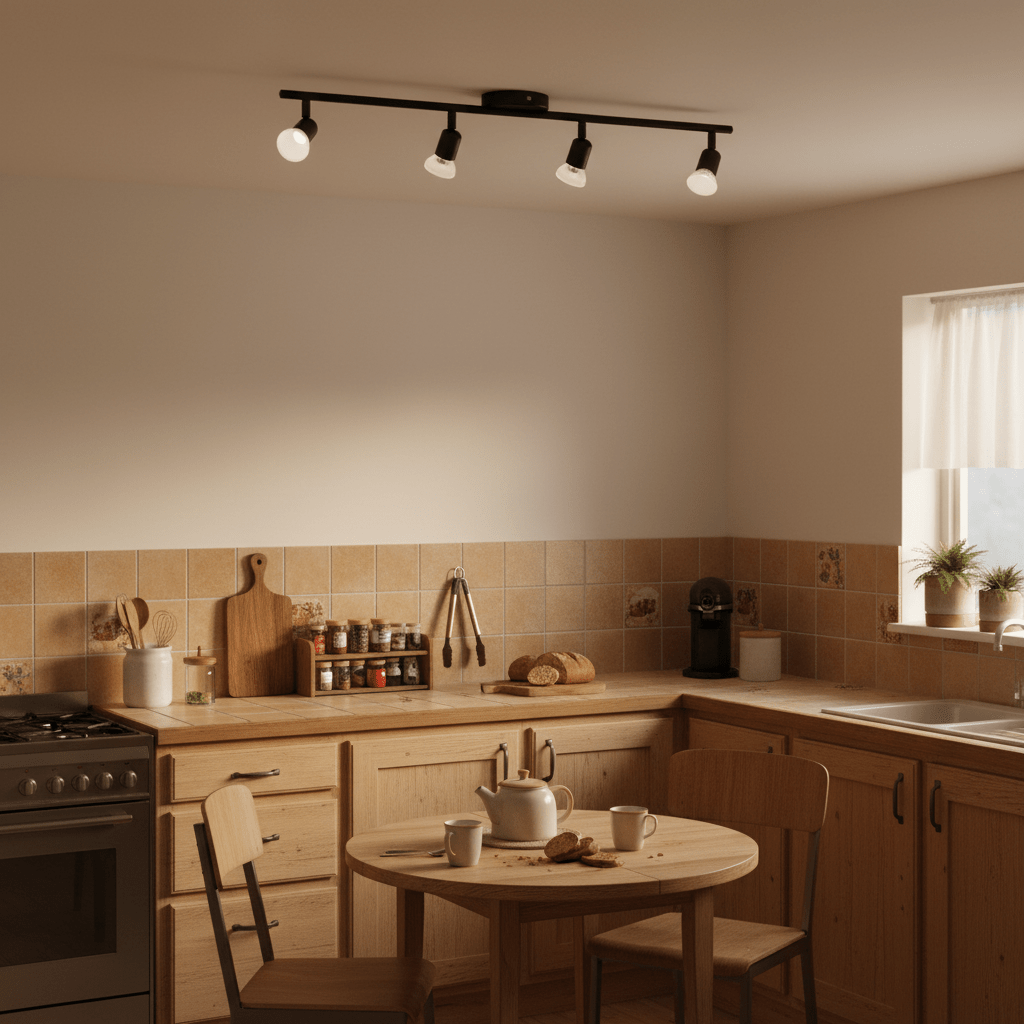Black 4-light spotlight illuminating a cozy kitchen with wooden cabinets and a round table.