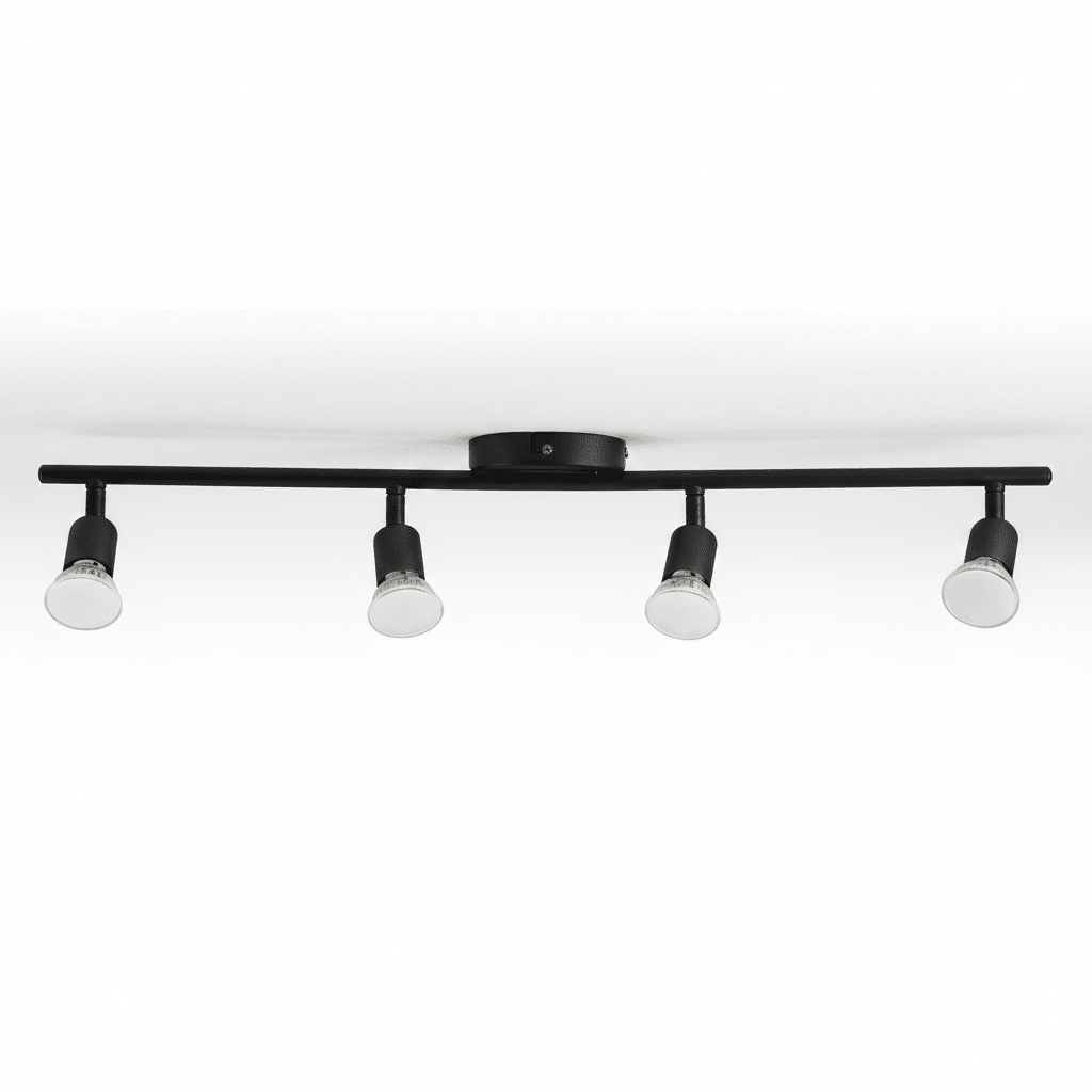 Black Buzz 4 Light Spotlight with adjustable GU10 lamp heads mounted on a ceiling.