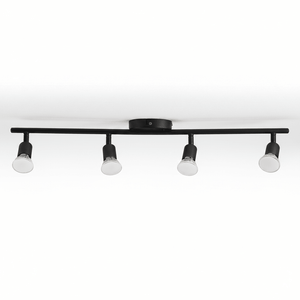 Black Buzz 4 Light Spotlight with adjustable GU10 lamp heads mounted on a ceiling.