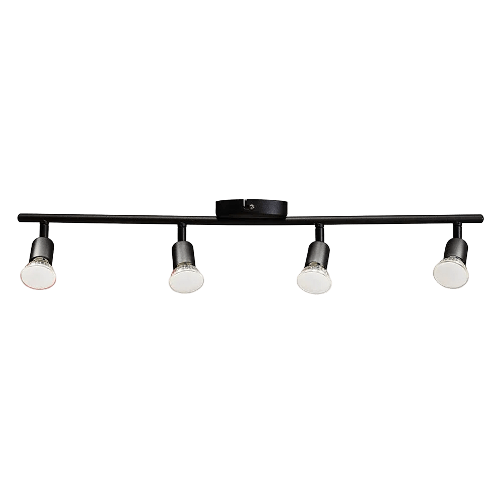 Black four-light spotlight fixture with cylindrical shades and a horizontal mounting bar.