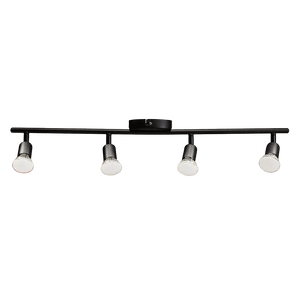 Black four-light spotlight fixture with cylindrical shades and a horizontal mounting bar.