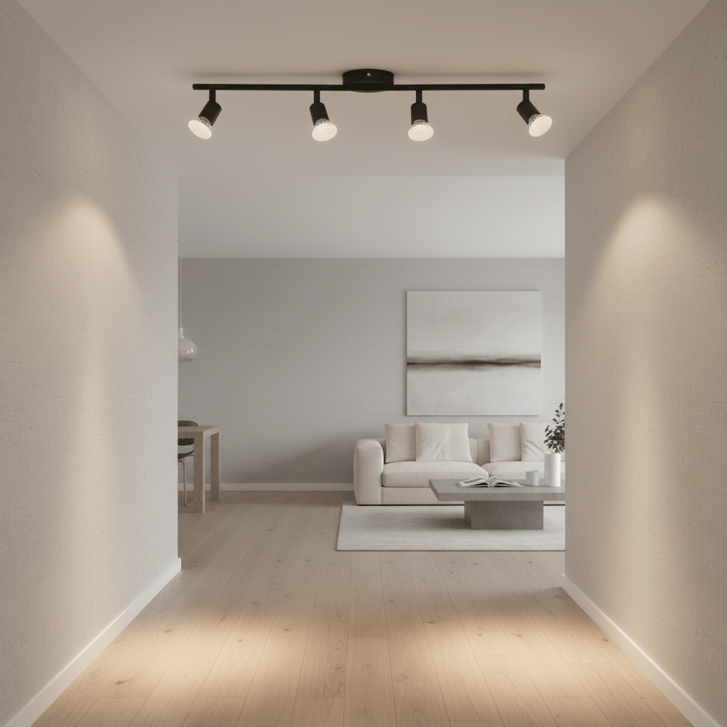 Black Buzz 4 Light Spotlight mounted on ceiling, illuminating a modern living space with a sofa and coffee table.