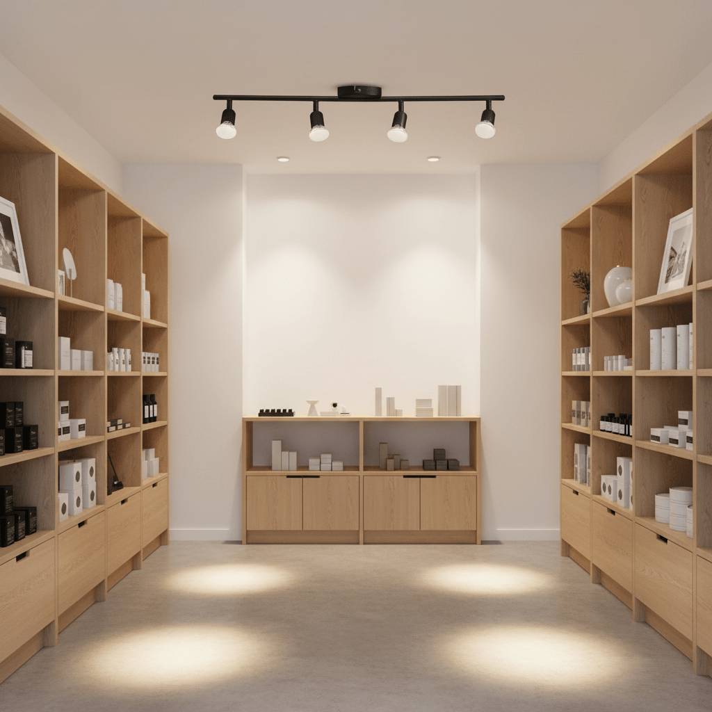 Black Buzz 4 Light Spotlight installed in a modern retail space, illuminating shelves with products.