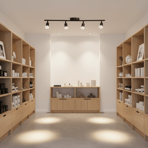 Black Buzz 4 Light Spotlight installed in a modern retail space, illuminating shelves with products.