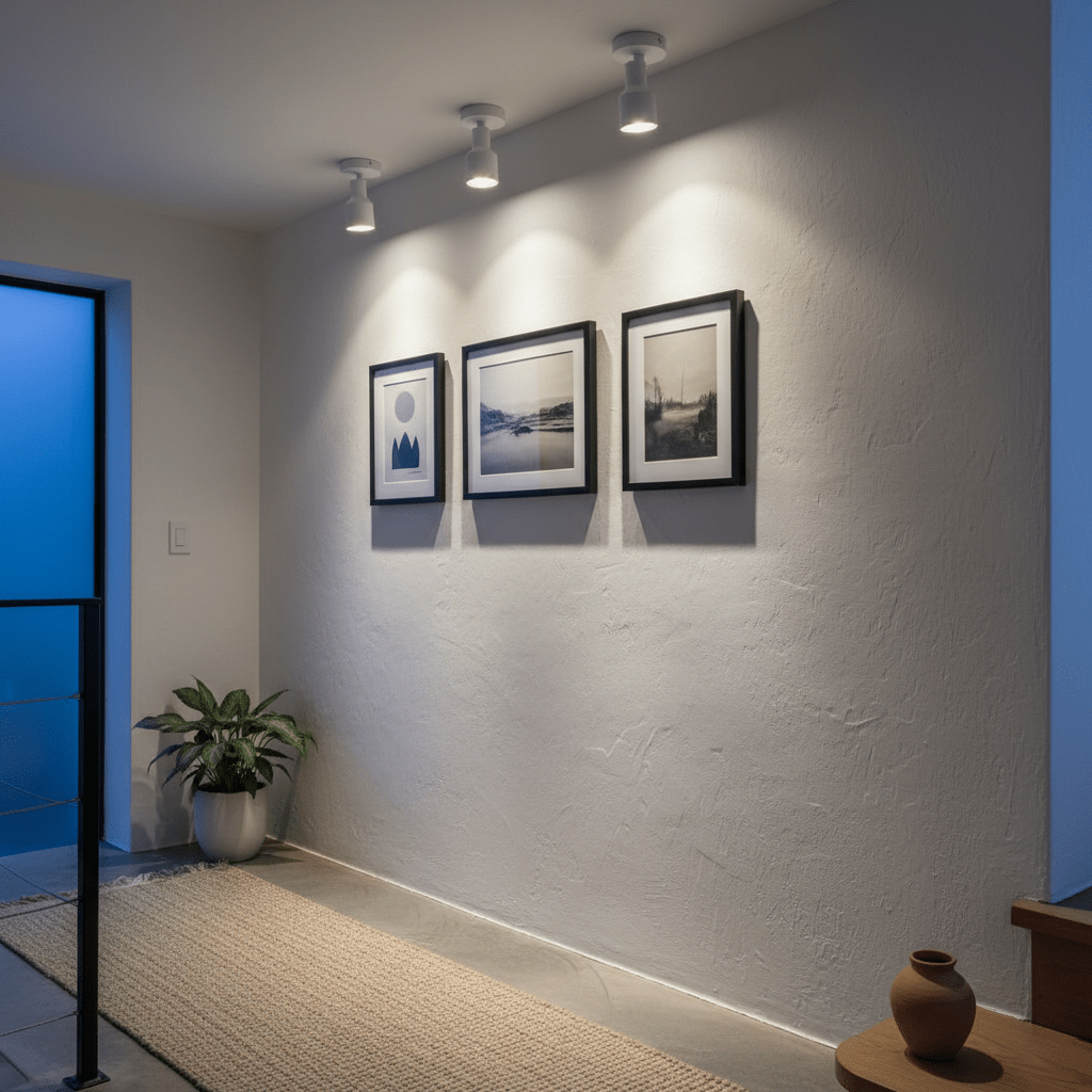 Three white LED spotlights illuminate framed artwork on a textured wall, enhancing the modern interior.