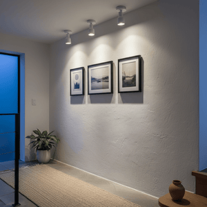Three white LED spotlights illuminate framed artwork on a textured wall, enhancing the modern interior.