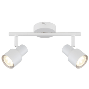 White ceiling light fixture with two spotlights on a white background
